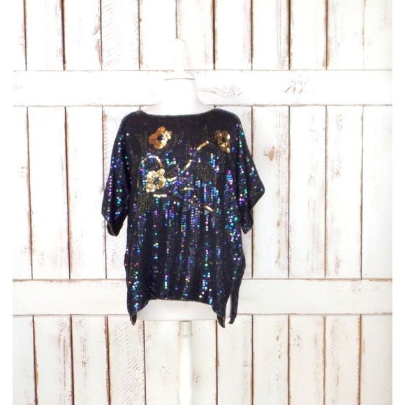 Vintage silk black white silver beaded sequins floral top - Picture 1 of 4